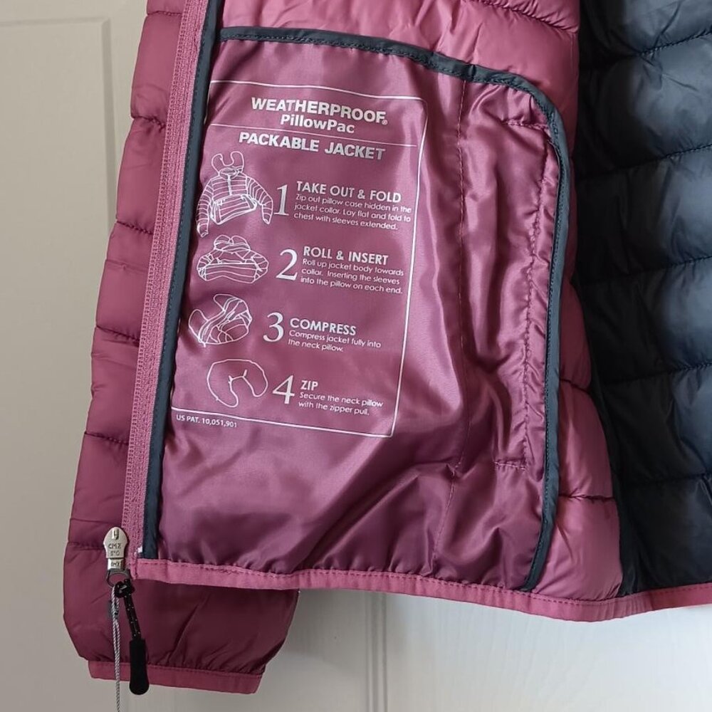 WEATHERPROOF Womens Puffer Jacket Packable Dusk Orchid With Logo Size NEW - Picture 6 of 13